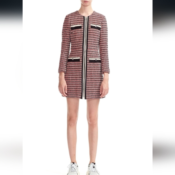 Maje Romane Tweed Dress NEW Red Black Full Zip Long Sleeve Mini Size 36 Xs